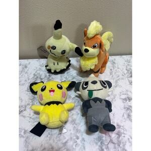 Tomy Pokeman Plushies 4 Pichu Pancham Mimikyu Growlithe Toys Soft Stuffed Anime